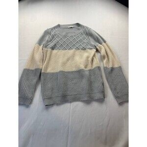 Promesa Pullover Sweater Womes Size M/L Gray Tan Colorblock Knit Crew Neck